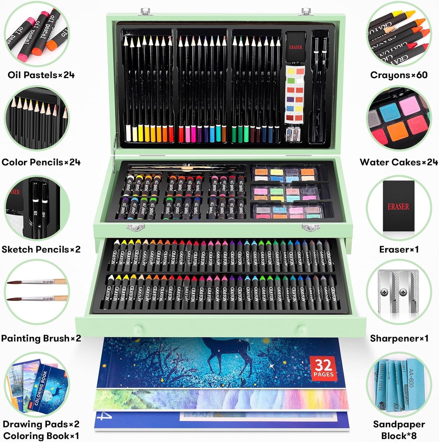 iBayam Art Supplies, 150-Pack Deluxe Wooden Art Set Crafts Drawing Painting Kit with 1 Coloring Book, 2 Sketch Pads, Creative Gift Box for Adults Artist Beginners Kids Girls Boys