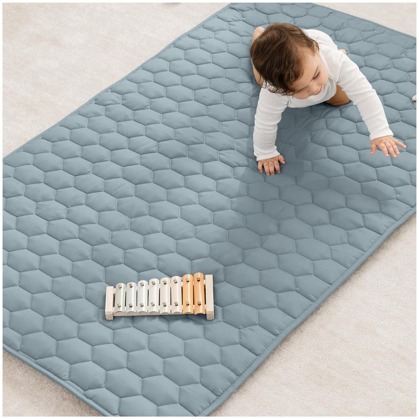 Comfy Cubs Rectangle Kids Play Mat - Small 36 x 60 inches Soft Quilted Baby Floor Mat with Non-Slip Bottom - Plush Design for Toddlers' Playtime and Relaxation - Comfortable and Durable - Pacific Blue