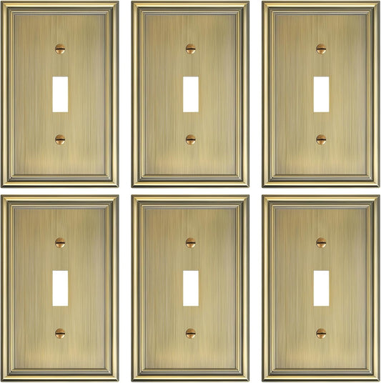 6-Pack Single Toggle Light Switch Cover Plate, Durable Solid Zinc Alloy Decorative Switch Plate Covers, Antique Brass 1 Gang Wall Plate, Corrosion Resistant