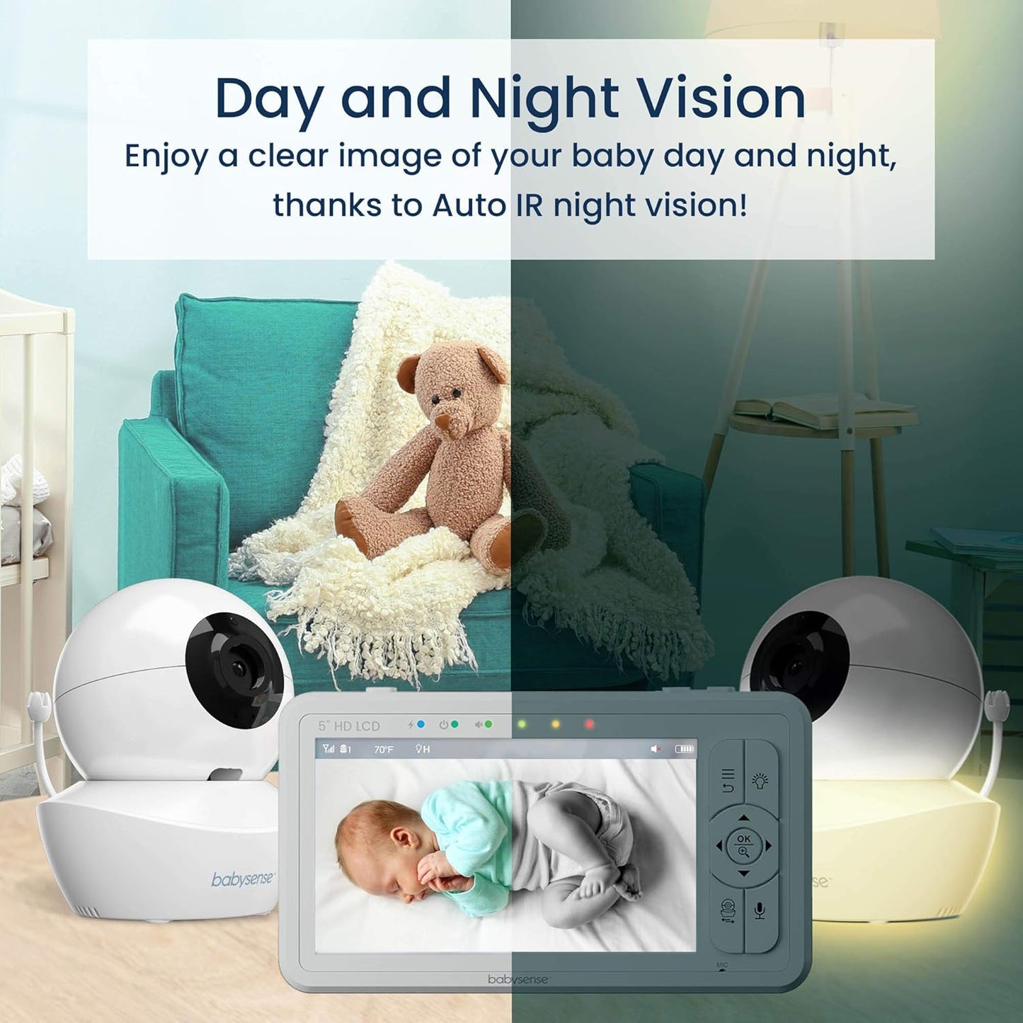 Babysense 5" HD Split-Screen Baby Monitor, Video Baby Monitor with 2 Cameras and Audio, Night Light, 1000ft Range, Two-Way Audio, 4X Zoom, Night Vision, 4000mAh Battery