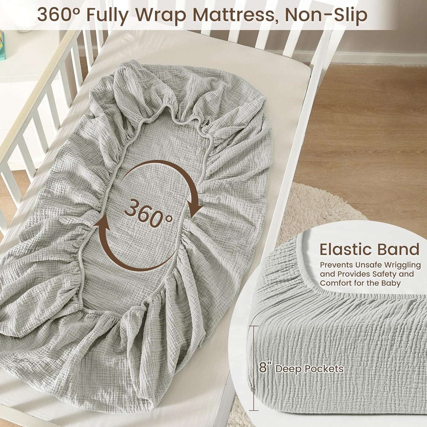 david's kids Muslin Crib Sheets for Boys Girls, 2 Pack 100% Cotton Soft Breathable Fitted Baby Sheet Set, 28x52 Inch Fits Standard Crib and Toddler Mattresses, Light Gray & Sage Green