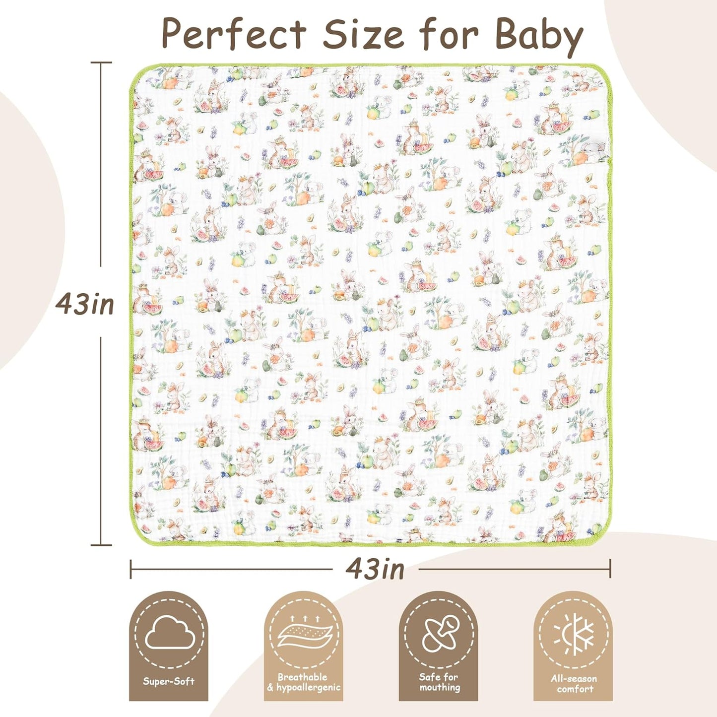 Luxury Muslin Baby Blanket, Soft Swaddle, 6-Layer Cotton Receiving Blanket for Newborn Infant, 43x43 Inch Lightweight Breathable Crib Blanket, Nursery Stroller Toddler Quilt, Animal Print
