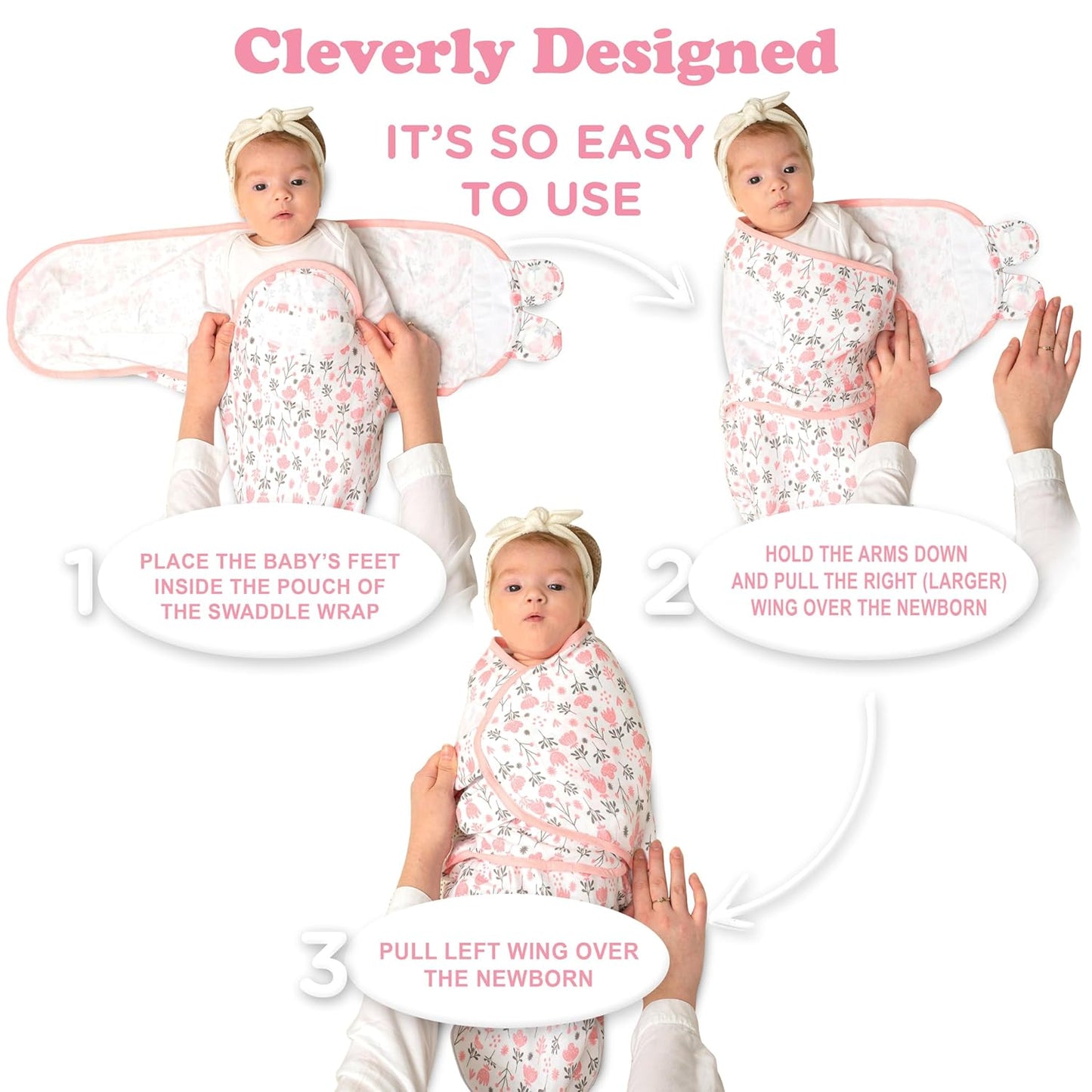 Bublo Baby Organic Swaddles for Newborns – Zipper Swaddles 0-3 Months, 3-Pack – Infant Sleep Sack with Zipper – Adjustable & Breathable Swaddle Blanket Wrap for Newborn Girls, Pink Flowers