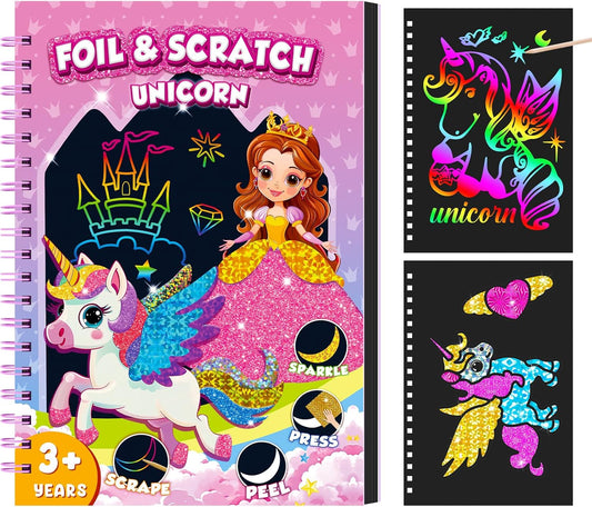 homicozy Art & Craft Activity for Kids: Foil Fun Unicorns and Princess & Scratch Art Book 2-in-1,No Mess Art Crafts for Girls,DIY Creative Activity Kit,Gifts for Girls Ages 4,5,6,7,8,9, Travel Toys