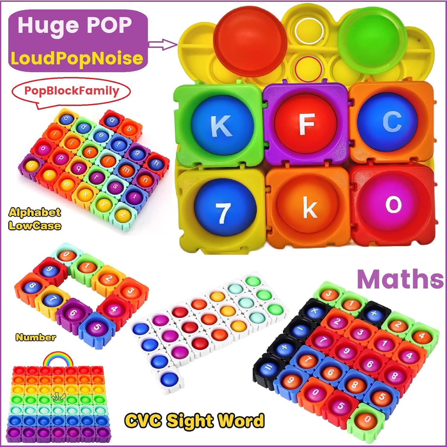 Lowercase Alphabet Multisensory Reading&Phonics Interactive Tools。Giant Silicone Bubble&Loud Crisp Sound&Infinite DIY Sight Words。Funny Learning Reading&Spell in Weeks by Pop Fidget Blocks