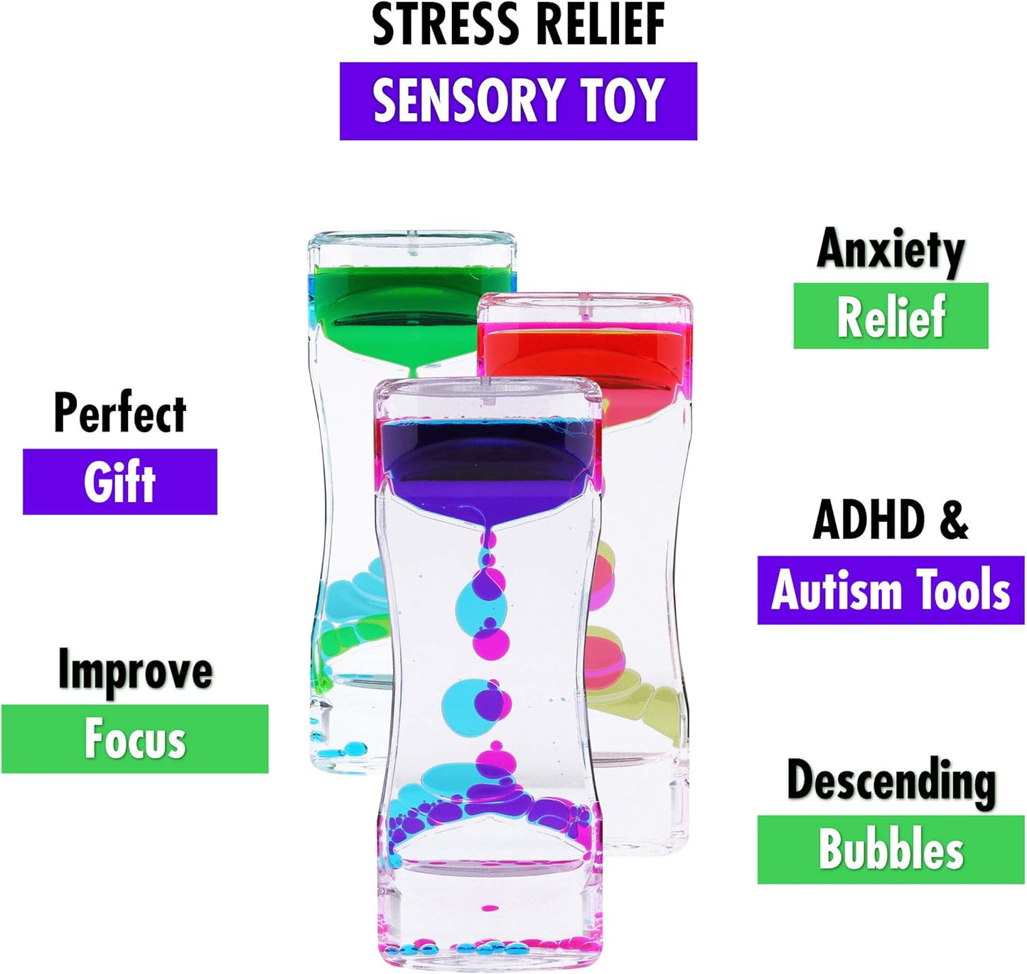 Liquid Motion Bubbler Sensory Toys – 5 Pc Set Bundle Stretchy String Fidget Toys Timer for Stress Relief and Anxiety Relief Great for ADHD Autism ADD Figit
