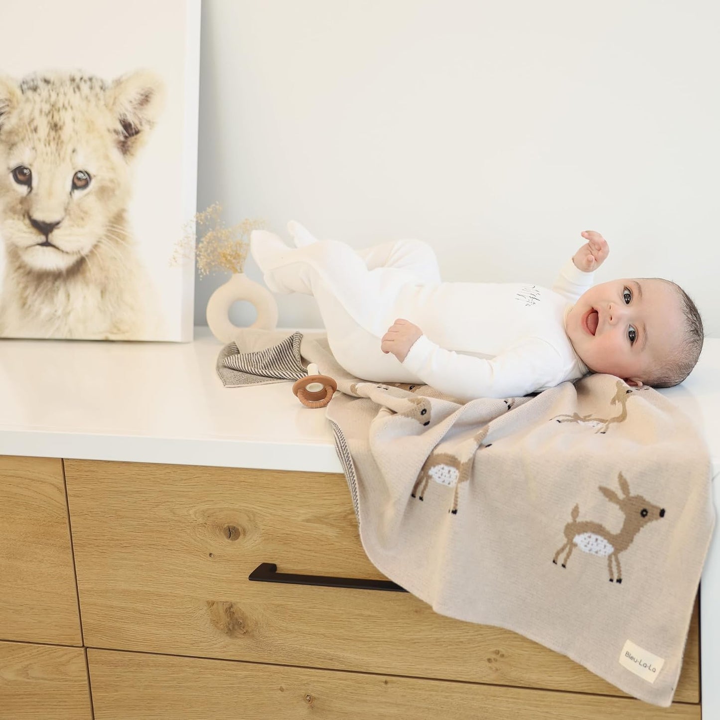 Knit Baby Swaddle Blanket - 100% Cotton Soft Cozy Receiving Swaddling Crib Stroller Blanket Quilt for Shower Gift Registry for Newborns Infants Toddlers Gender Neutral (Deer - Taupe)