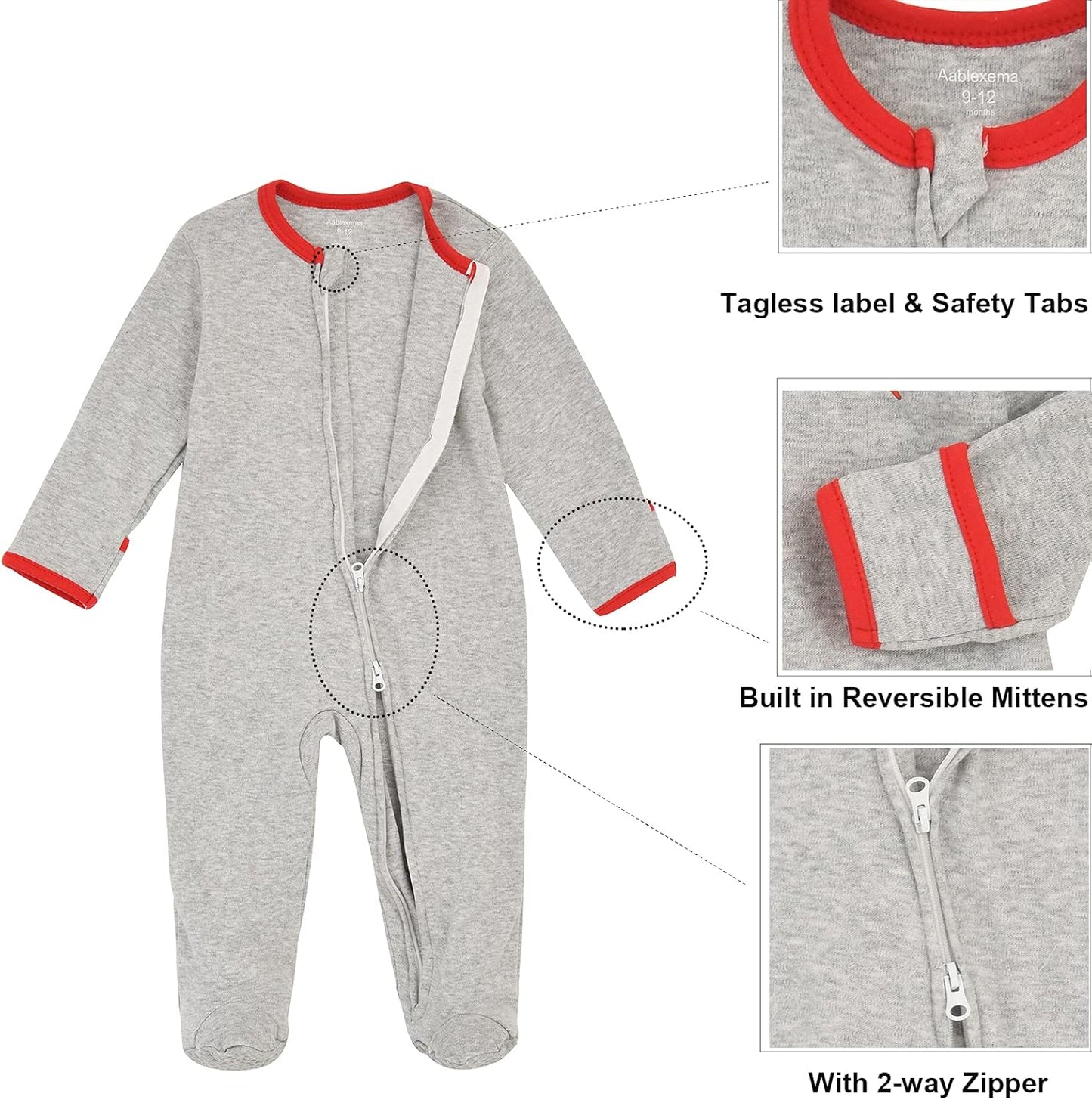 Aablexema Baby Footie Pajama with Mitten Cuffs, Double Zipper Infant Cotton clothes Sleeper Pjs, Footed Sleep Play