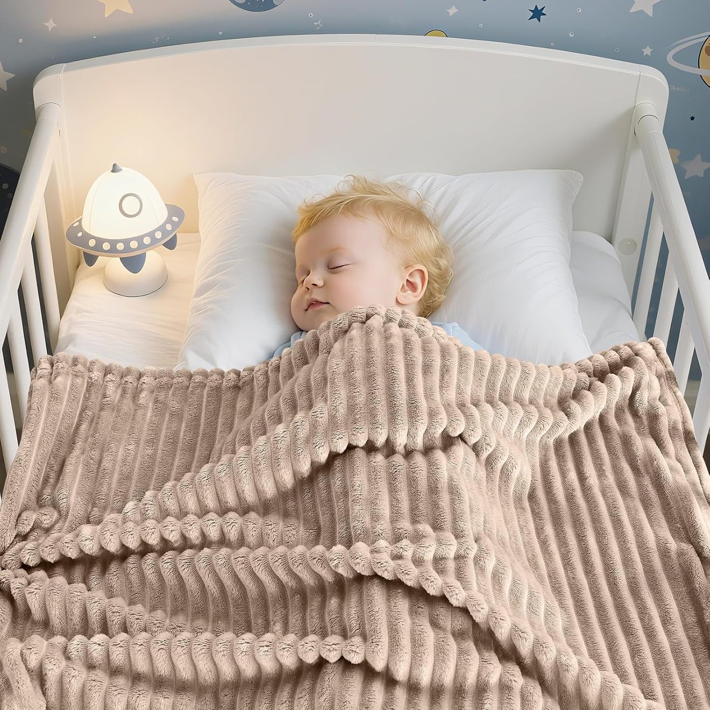 Soft Fleece Baby Blanket Ultra Cozy Baby Blankets for Boys Girls Warm and Lightweight Infant Toddler Newborn Receiving Gift with Reversible Stripes for Crib Stroller, 30x40 Inch, Linen