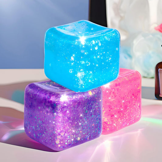 3Pack Slow Rise Glitter Squishy Cube Square Ice Cube Malt Sugar Stress Balls for Adults&Kids, Nice Stress Cube, Sensory Fidget Toys for Mellow and Chill, Classroom Treasure Box(Purple/Pink/Blue)