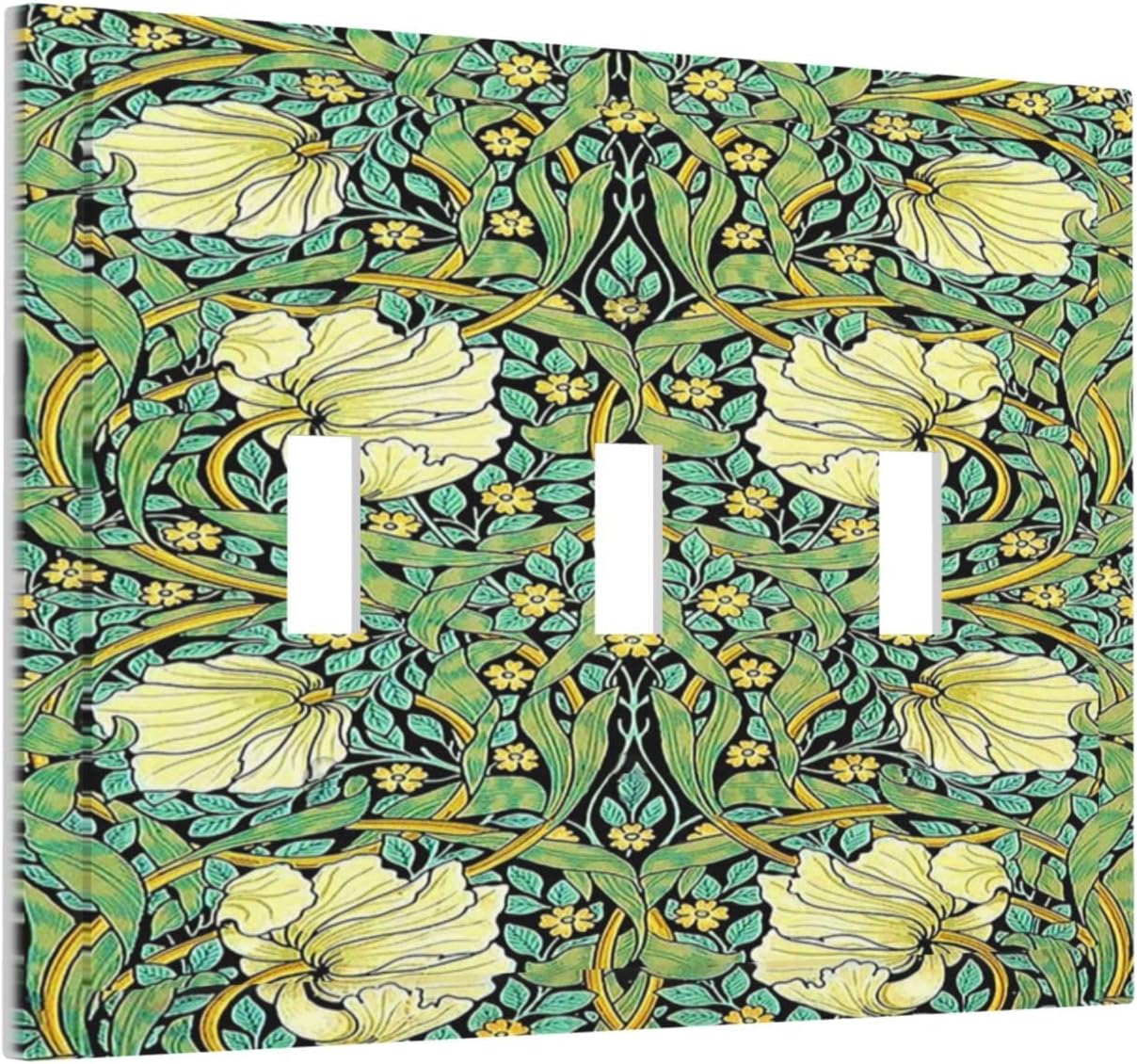 Decorative Switch Plates William Morris Vintage Floral Yellow Flowers Green Leaf 3 Gang Wall Plate Triple Toggle Light Switch Cover Faceplate Electrical Wall Panels for Bedroom living Room