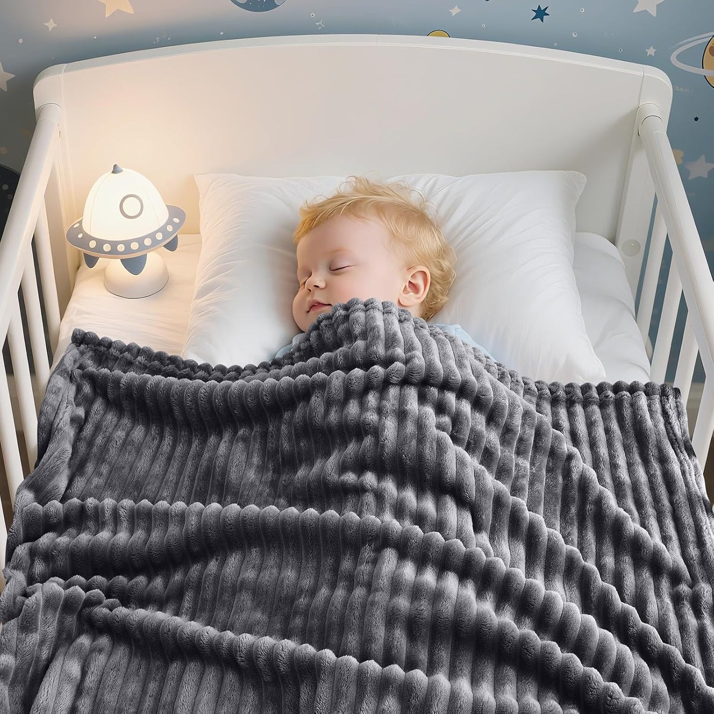 Soft Fleece Baby Blanket Ultra Cozy Grey Baby Blankets for Boys Warm and Lightweight Infant Toddler Newborn Receiving Gift with Reversible Stripes for Crib Stroller, 30x40 Inch, Dark Grey