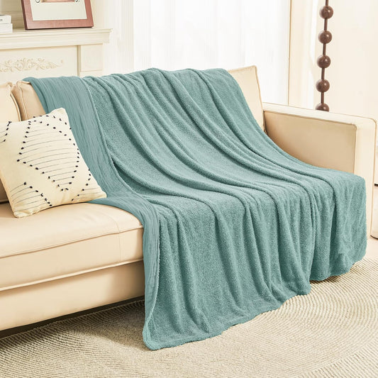 EMME Muslin and Fleece Throw Blanket Reversible - 50"*60" Teal Soft Warm Throw Blankets for Couch Bed Picnic Travel Bed