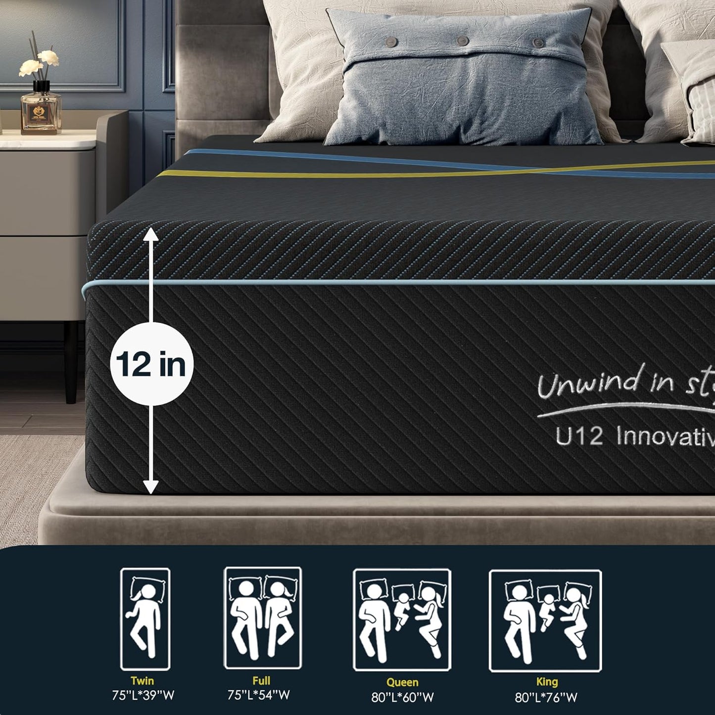 12 inch Queen Mattress Multi-Layer Memory Foam Mattress - Medium Firmness with Bamboo Charcoal & Green Tea Infusion