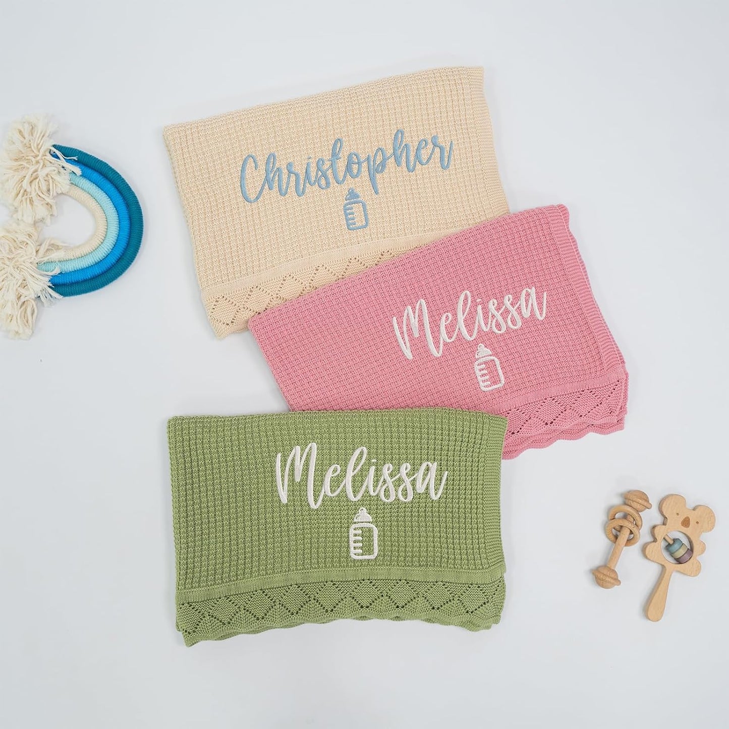 Custom Embroidered Baby Blanket, Personalized Knitted Cotton Blanket with Name for Newborn Boys and Girls, Personalized Infant Swaddle Gift