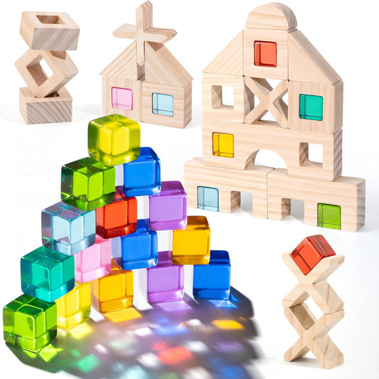 Wooden Rainbow Building Blocks Set for Kids, 22 PCS Wooden Blocks & 25 PCS Gem Cubes Stacking Blocks, Montessori Stacking Toys for Toddlers, Educational STEM Easter Toys for Boys Girls 3-6