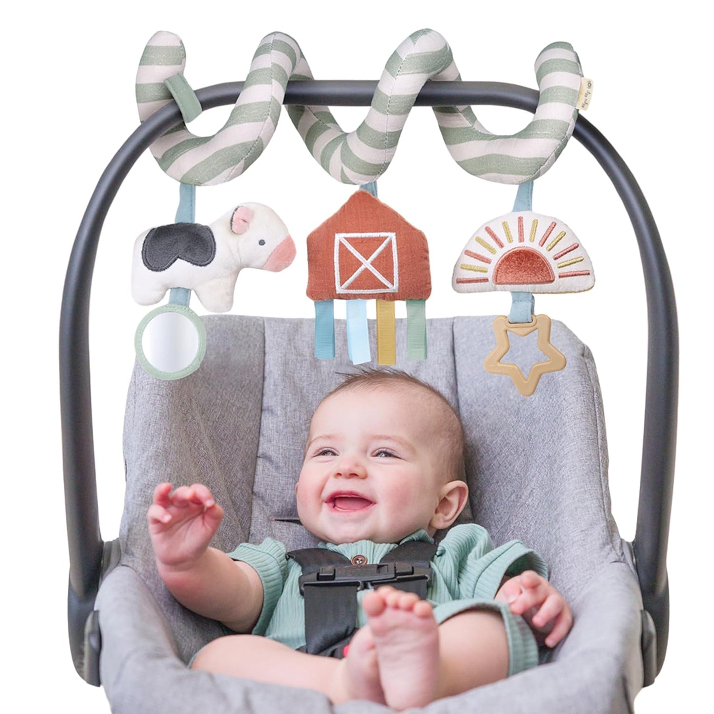 Itzy Ritzy Spiral Car Seat & Stroller Activity Toy - Stroller & Car Seat Toys for Ages 0 Months and Up - Hanging Toys Include Dangling Ring, Mirror and Textured Ribbons (Farm)