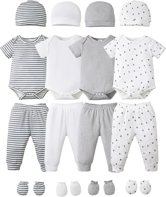 NZRVAWS Newborn Baby Boy Girl Clothes Unisex Infant Romper Pants Set Hat 4-Pack Outfits 0-12 Months 16 Pieces Toddler