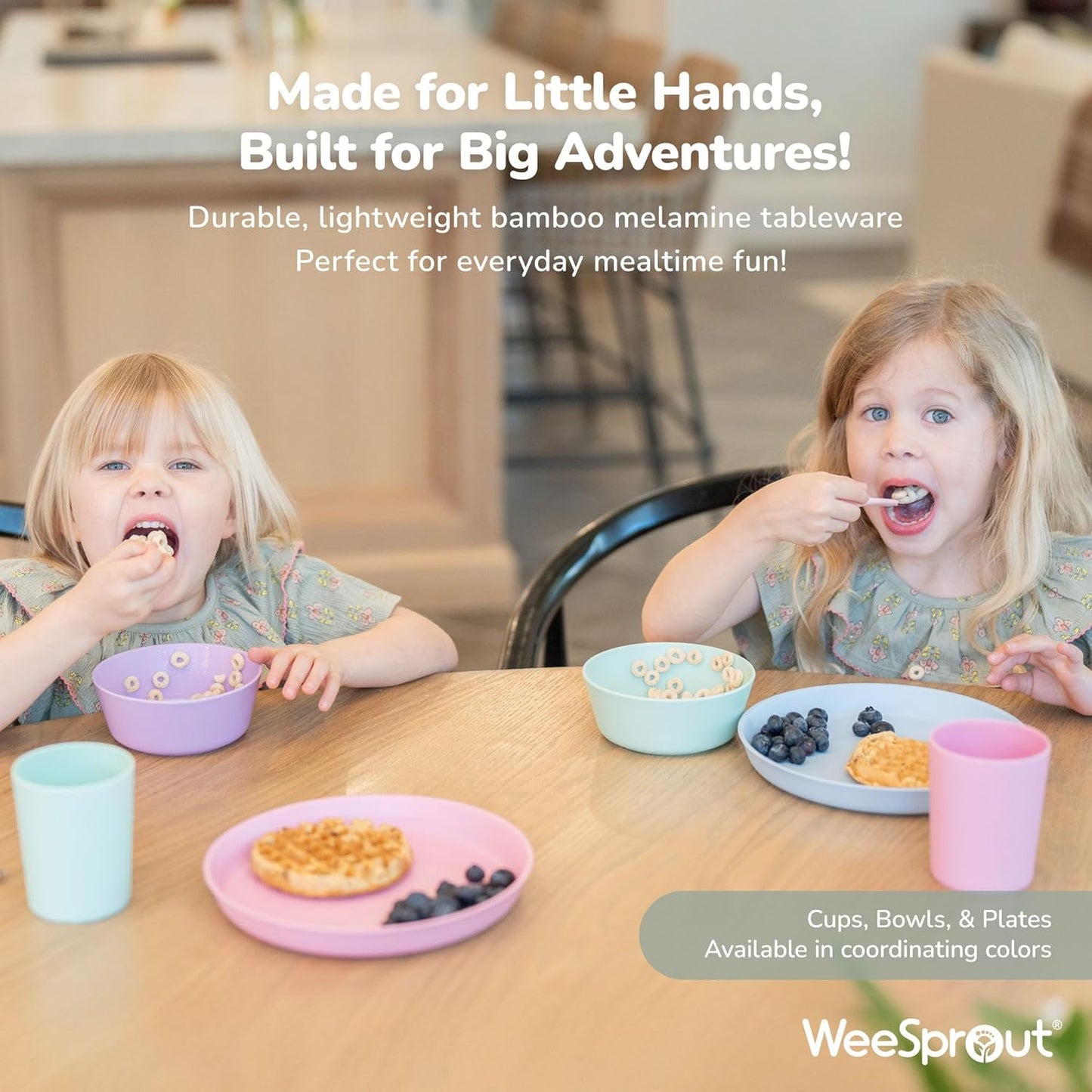 WeeSprout Bamboo Kids Bowls, Set of Four 15 oz Kid-Sized Dinnerware, Cereal, Leftovers & Snack Bowl, Dishwasher Safe (Blue, Green, Gray, & Beige)