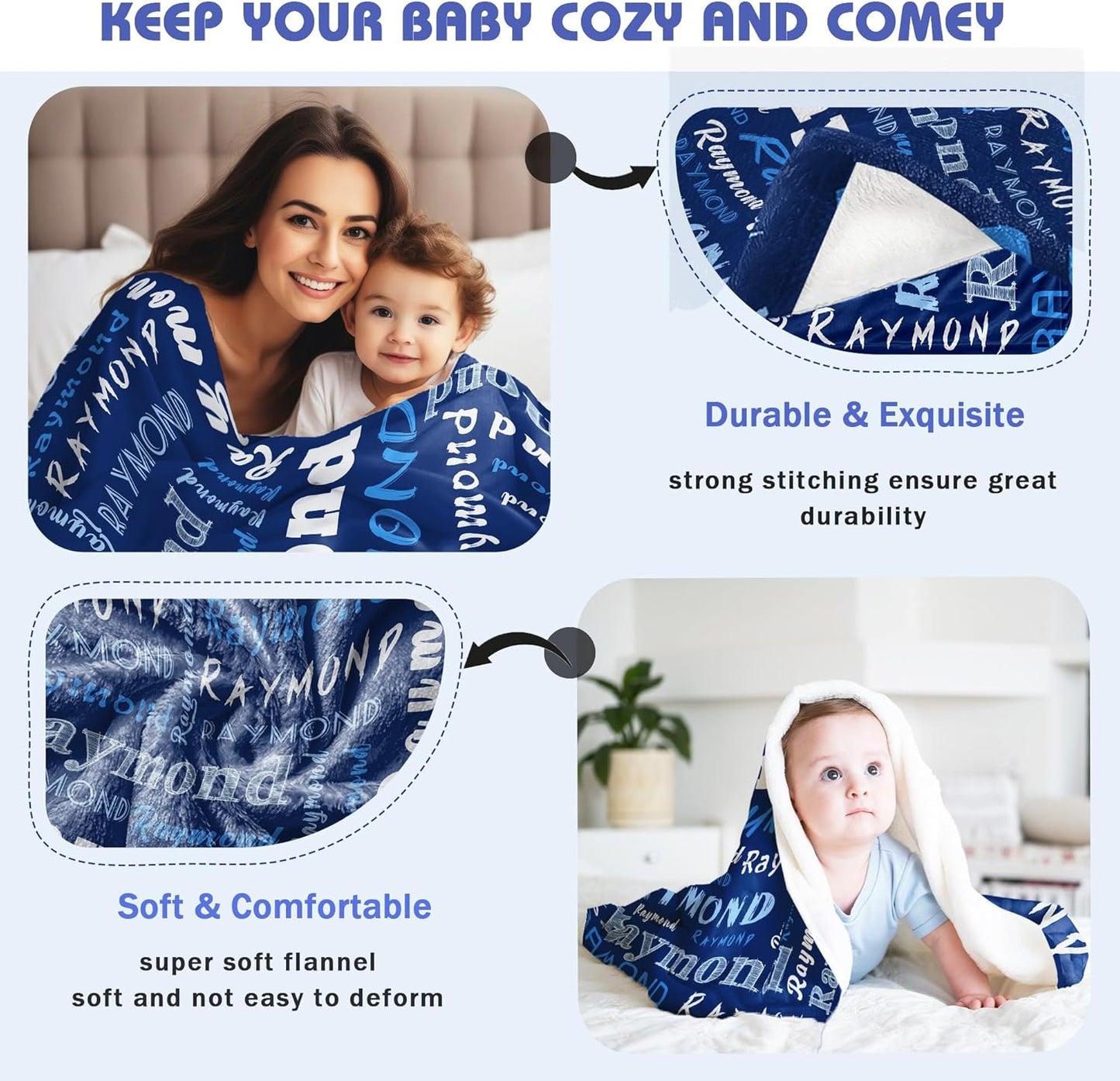 Personalized Baby Blanket with Name Customized Gift for Baby Shower Christmas Birthday New Mom Custom Name Blanket for Boy Girl Newborn