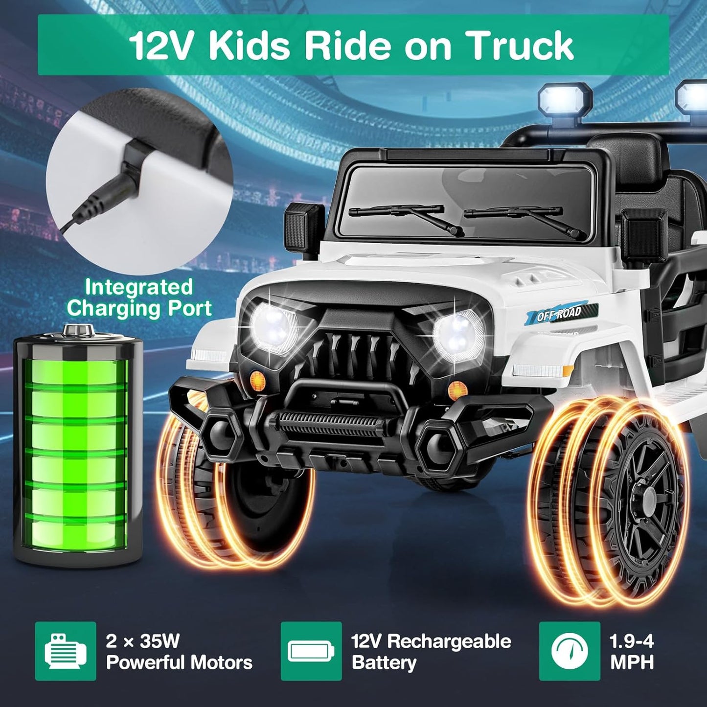 Costzon 12V Kids Ride on Truck Car, Electric Vehicle w/Remote Control, Threaded Wheels, 3 Speeds, LED Lights, Music, Horn & Wireless Connection, Battery Powered Ride on Toy for Boys & Girls 3+ (White)