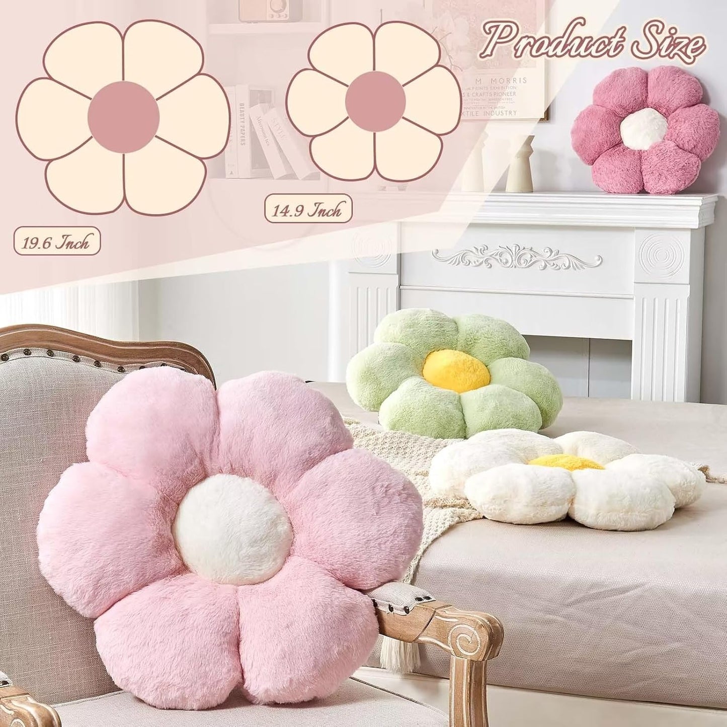 Dusty Rose Flower Pillow, Cute Decorative Flower Shaped Throw Pillow with Faux Rabbit Fur, 19.6" Soft Flower Plush Throw Pillow Floor Pillows Room Décor for Bedroom Living Room