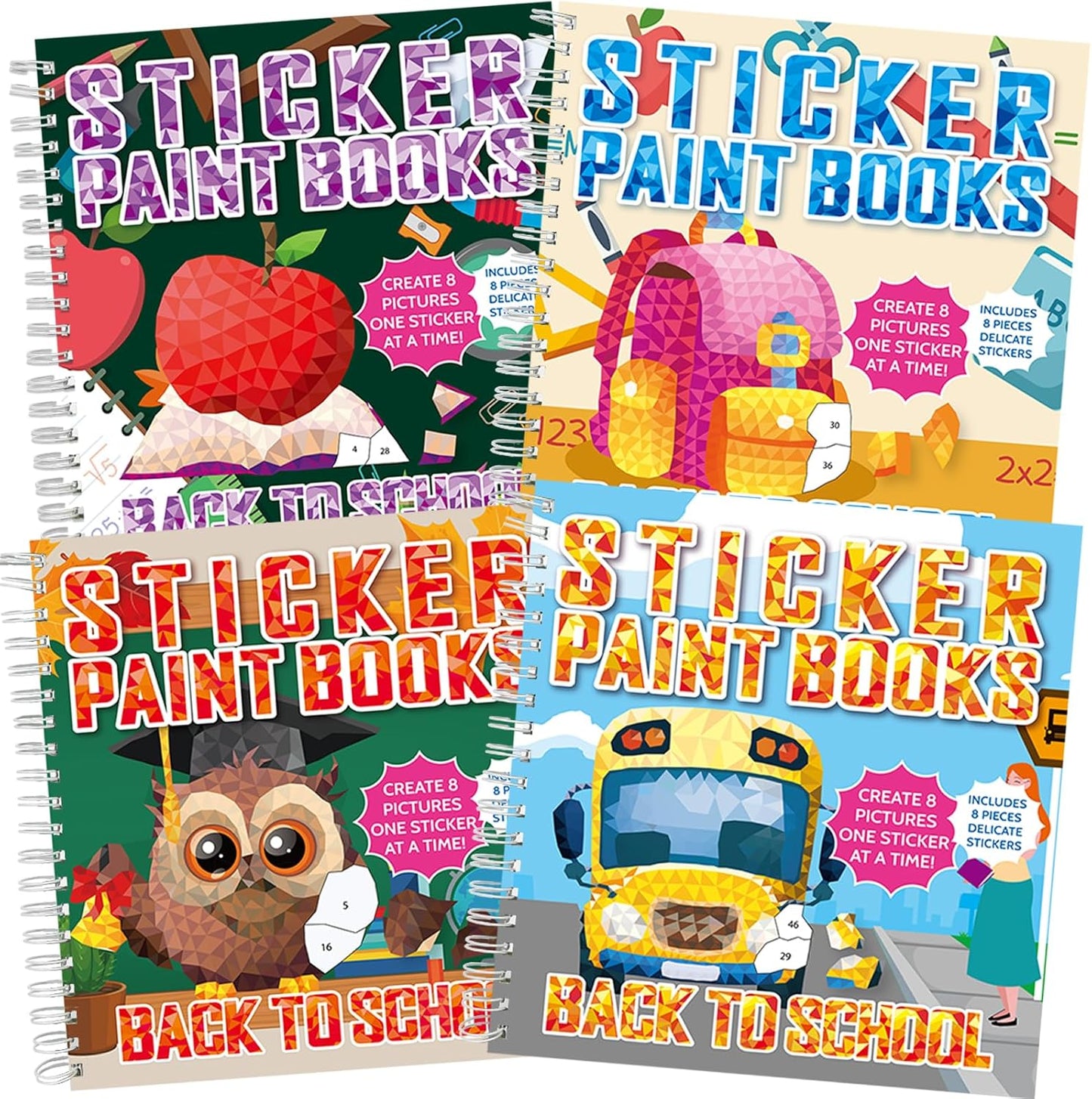 4Pcs Back to School Paint by Sticker Books Sticker by Number Books Activity Book Puzzle Book Craft Art Gift School Bus Apple Owl Alarm 32 Pictures