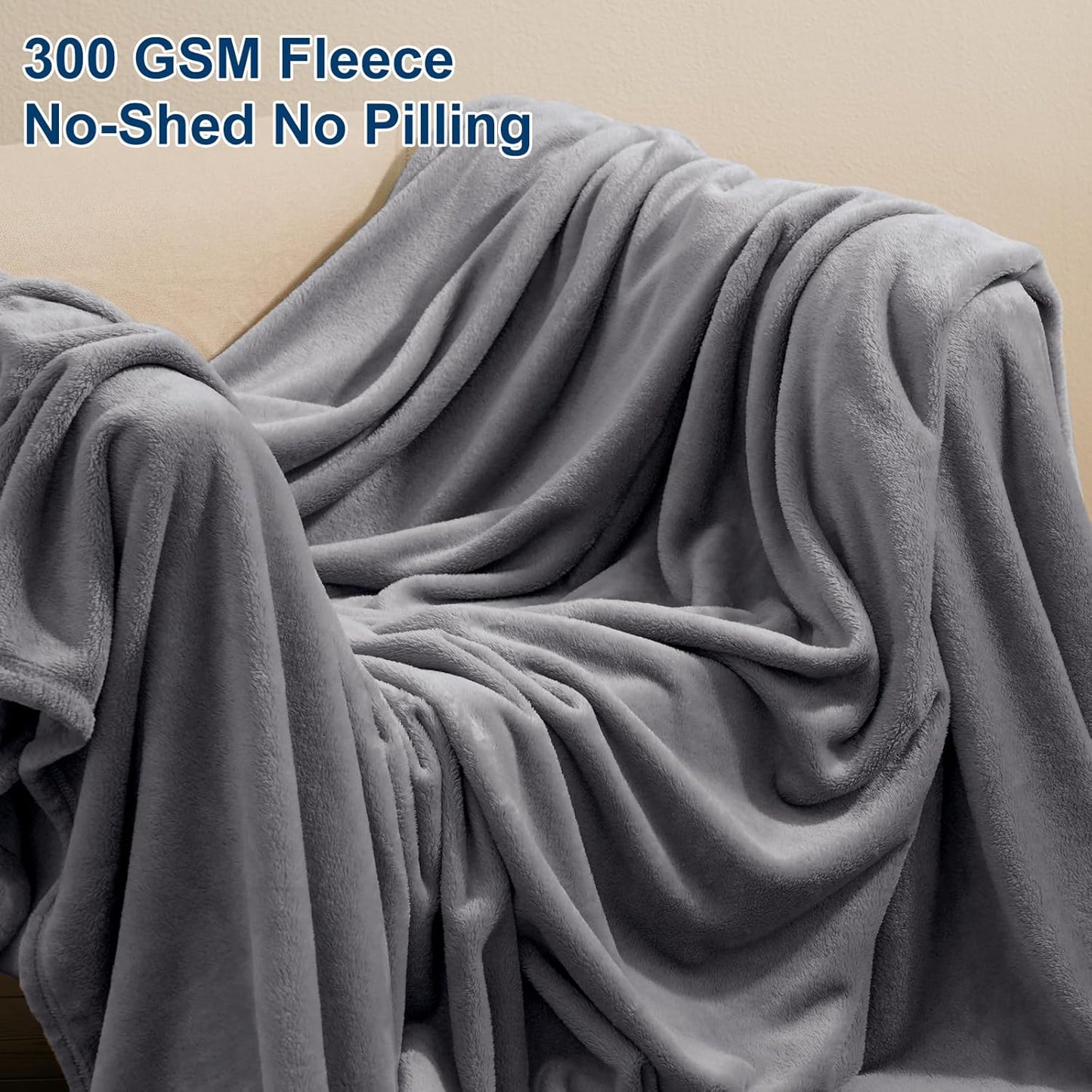 PHF Ultra Soft Fleece Blanket Queen Size, No Shed No Pilling Luxury Plush Cozy 300GSM Lightweight Blanket for Bed, Couch, Chair, Sofa Suitable for All Season, 90" x 90", Grey