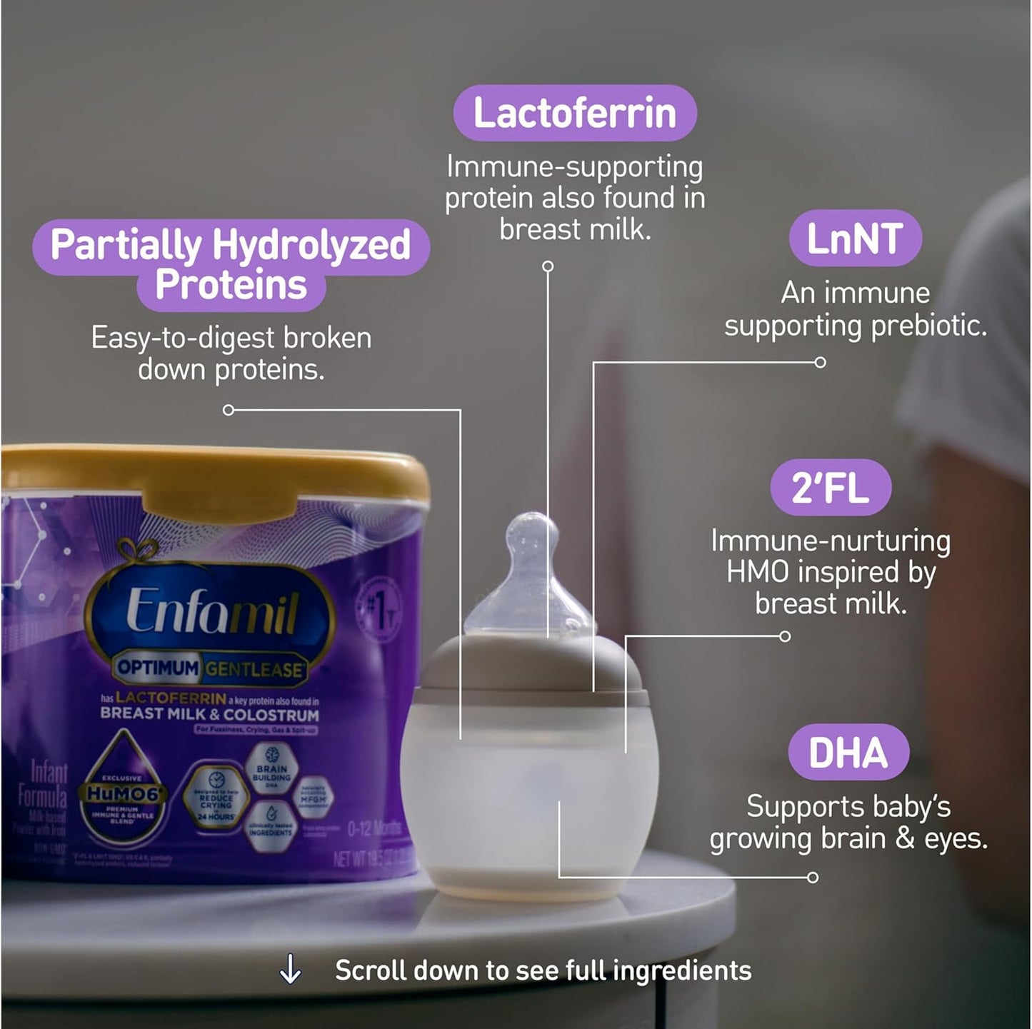 Enfamil Optimum Gentlease Baby Formula, Our Closest Formula to Breast Milk For Fussiness, Crying, Gas & Spit-up, Immune-Supporting Lactoferrin also found in Breast Milk, 19.5 Oz, Pack of 4