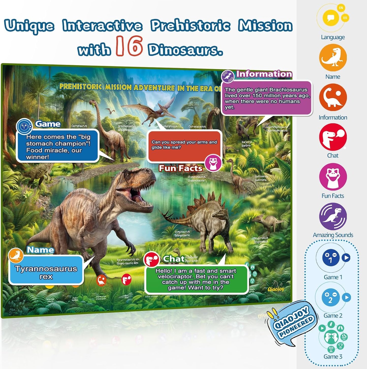 Bilingual Interactive for Kids Talking USA Map Dinosaur Poster for Kids Learning and Educational Toys,Talking Educational Dinosaur Toy for Ages 3 to 12 Years Old,Learning Chart for Preschool/Gift