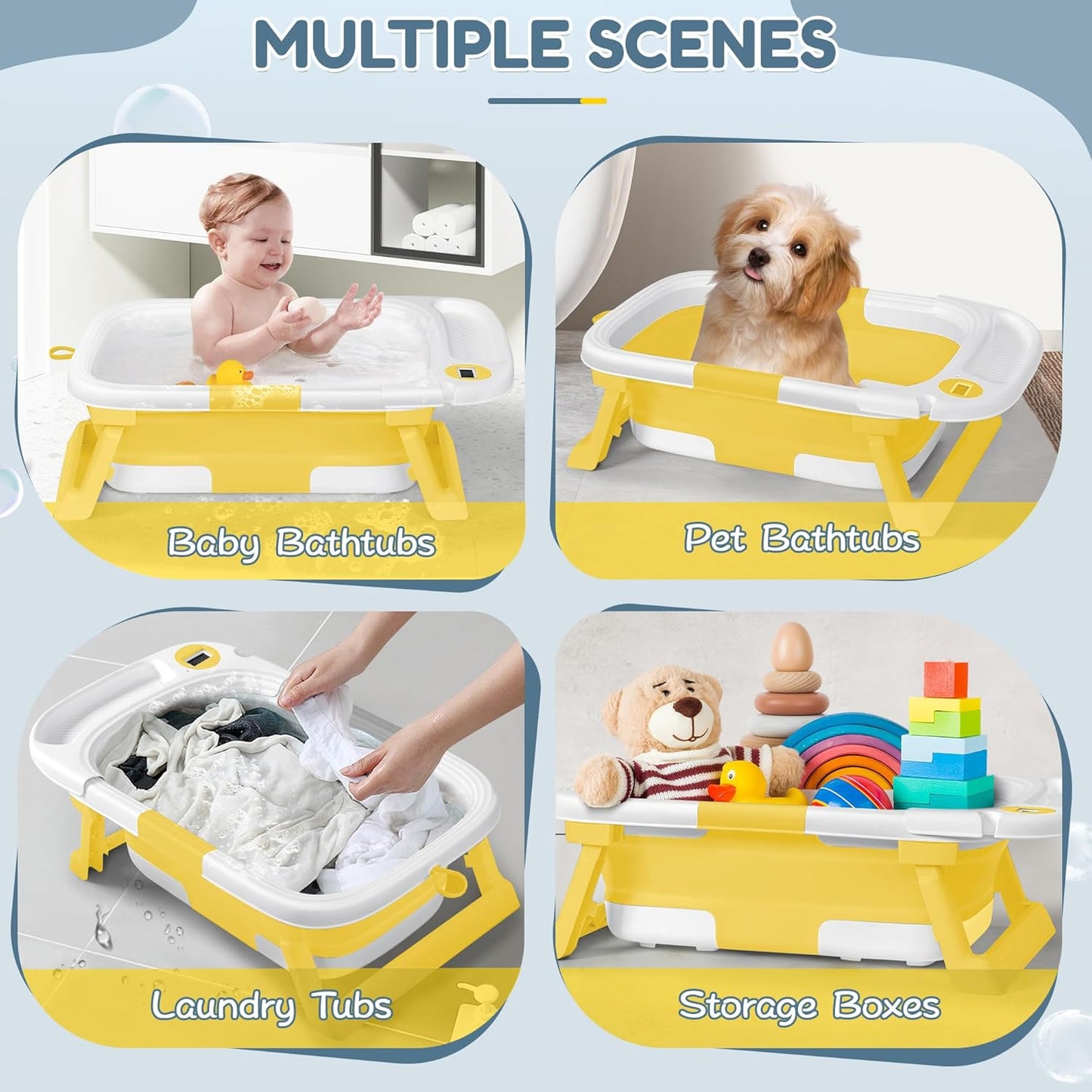 Collapsible Baby Bathtub,Baby Bath Tub with Thermometer & Soft Cushion,Baby Bathtub for Newborn to Toddler 0-36 Months,Portable Travel Baby Tub with No-Slip Feet,Baby Shower Gifts,Yellow