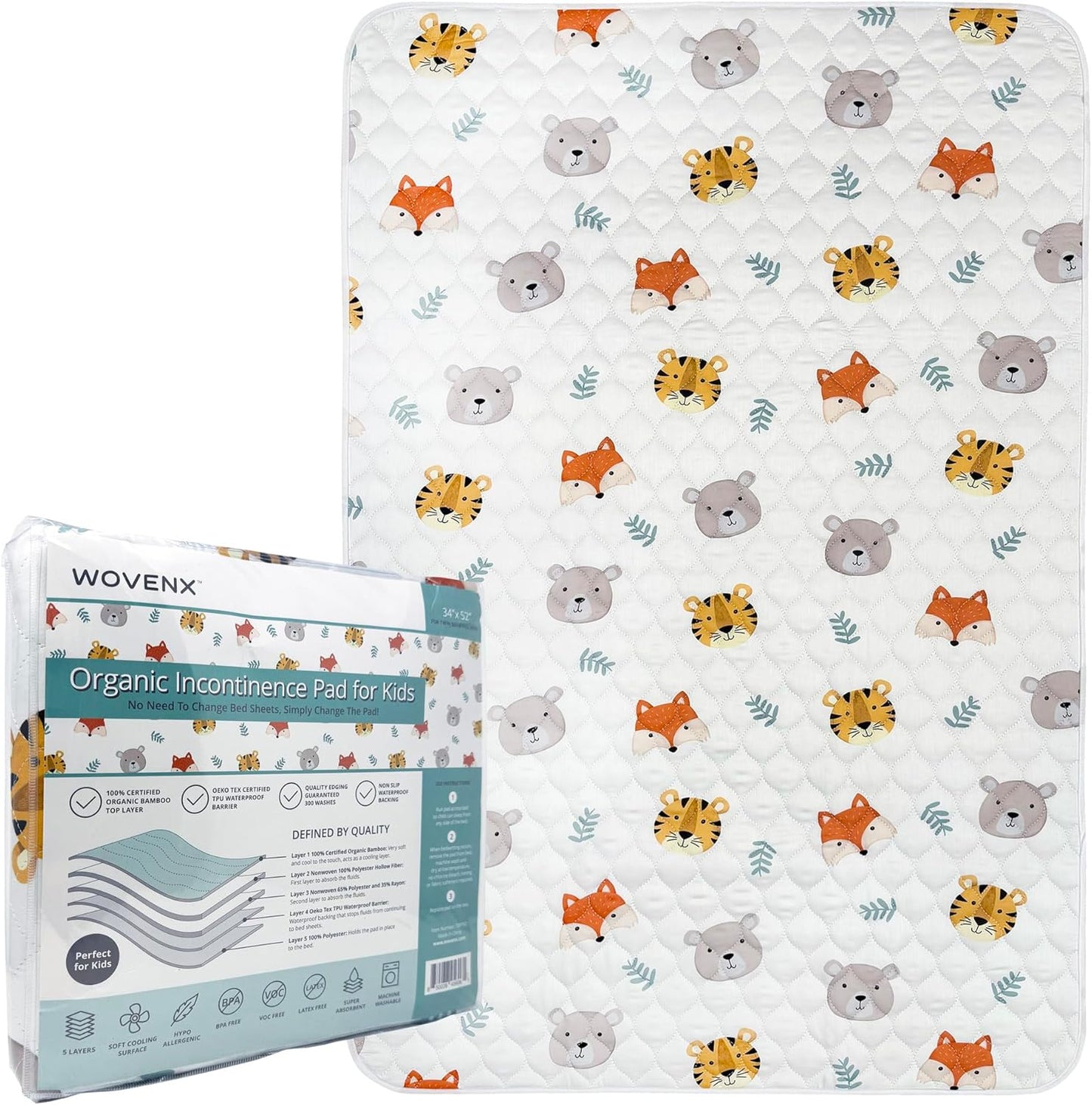 Organic Incontinence Pads for Kids & Toddlers - 5 Layer Waterproof Protectors for Overnight Bed Wetting - Reusable & Washable Pee Pads - Fits Twin to Full Size Beds - 34" x 52" Tiger Bear Fox