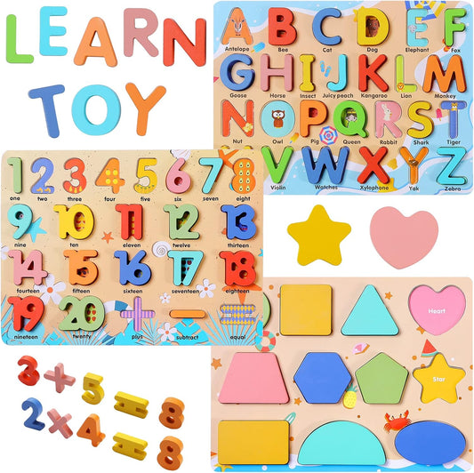 Wooden Puzzles for Toddlers, Voamuw Alphabet Number Shape Learning Education Preschool Toys for Kids Ages 3-6 Years Old (Set of 3)