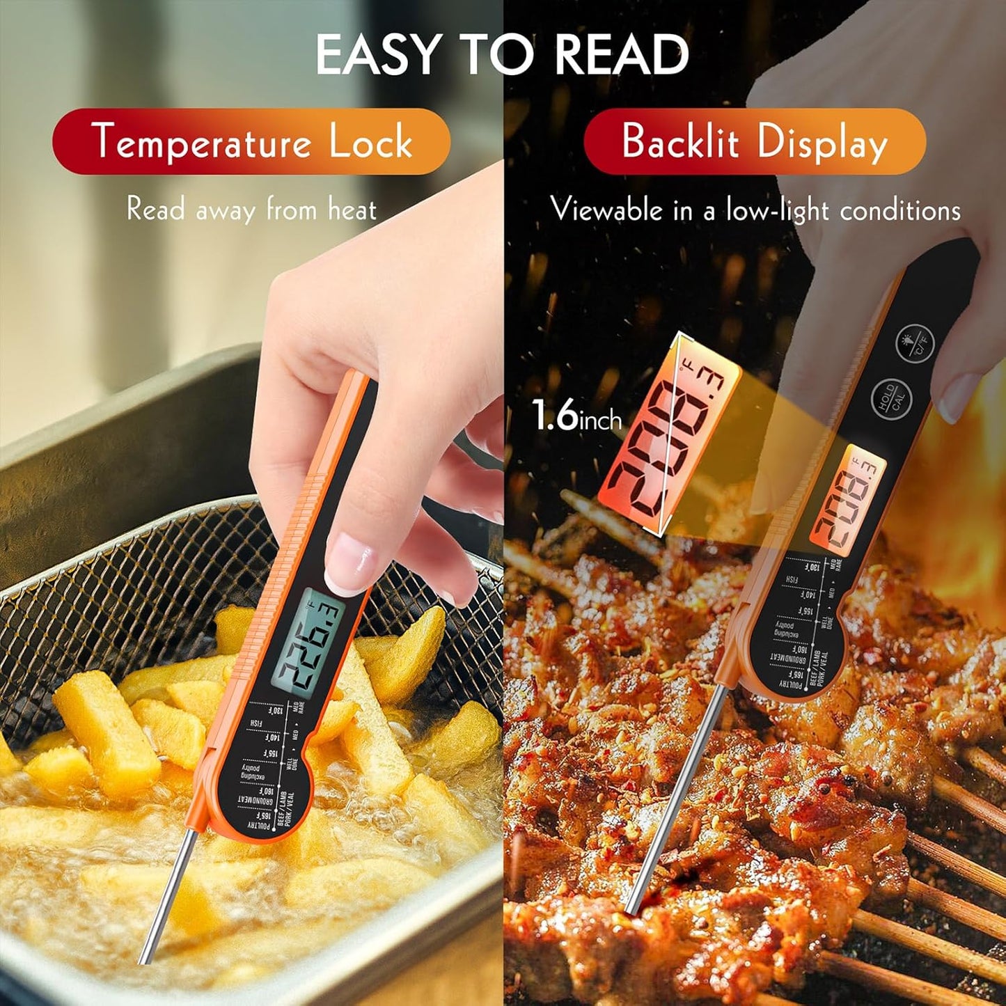Meat Thermometer Digital with Backlight, Calibration & Hold Function, IP65 Waterproof Food Thermometer for Cooking, Outdoor Grilling, Candy Making