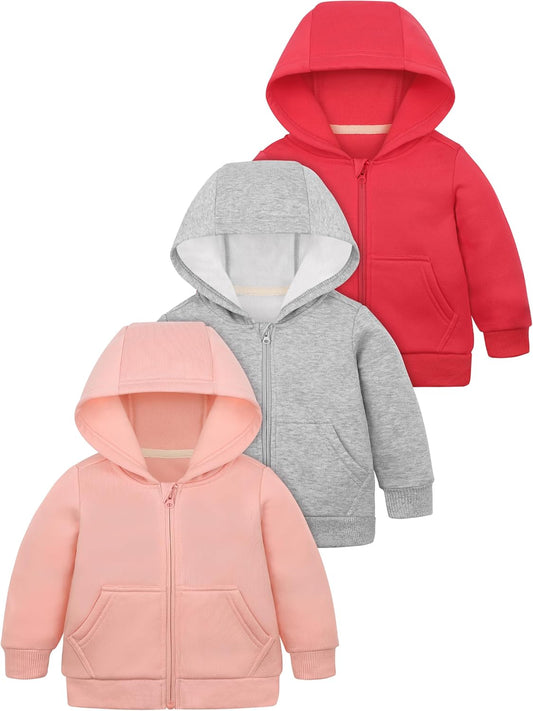 Cooraby 3 Pieces Baby and Toddler Girls Fleece Full-Zip Hoodies Lightweight Jacket with Pockets Winter Coat for Baby Girls