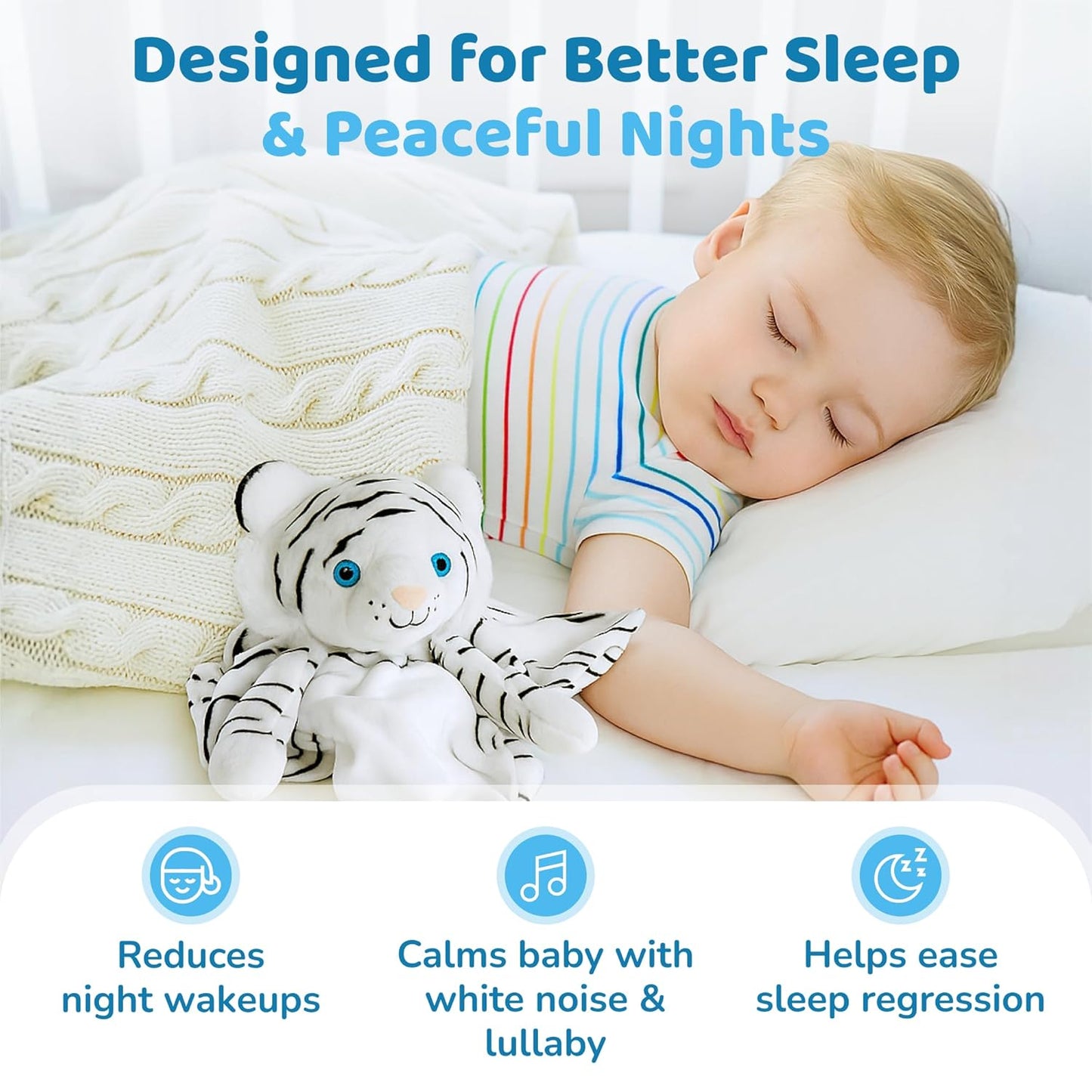 Love By Emi Baby Music Lovey White Tiger, Baby Sleep Soother for Crib & Cuddle Bedtime, White Noise with a Heartbeat & Lullaby, Plush Sound Machine Toy, Stuffed Animal for Newborns, Infants & Toddlers