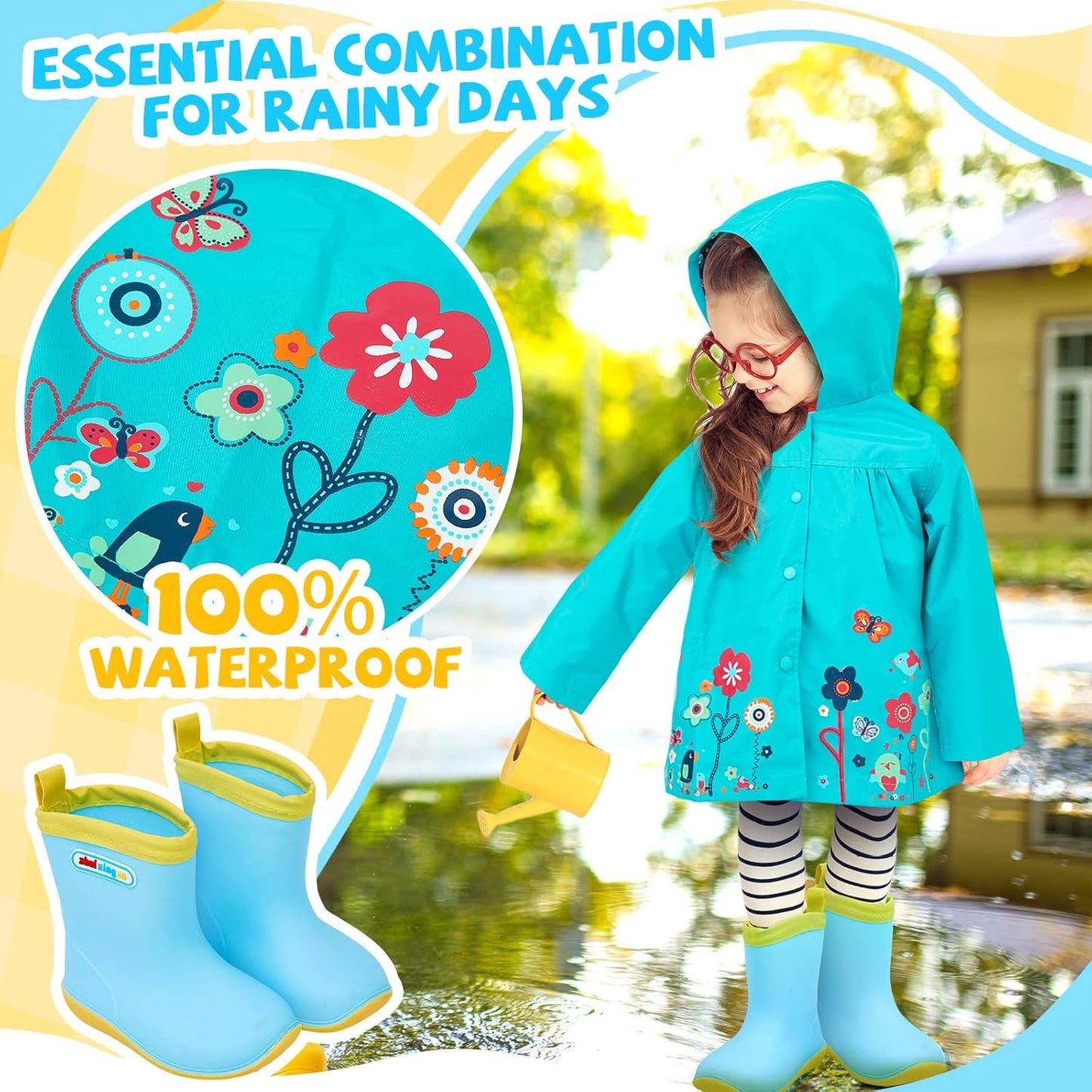 2 Pcs Toddler Raincoat Rain Boots Set Kids Baby Cartoon Hoodie Zipper Jacket Short Rain Shoes for Little Boys Girls