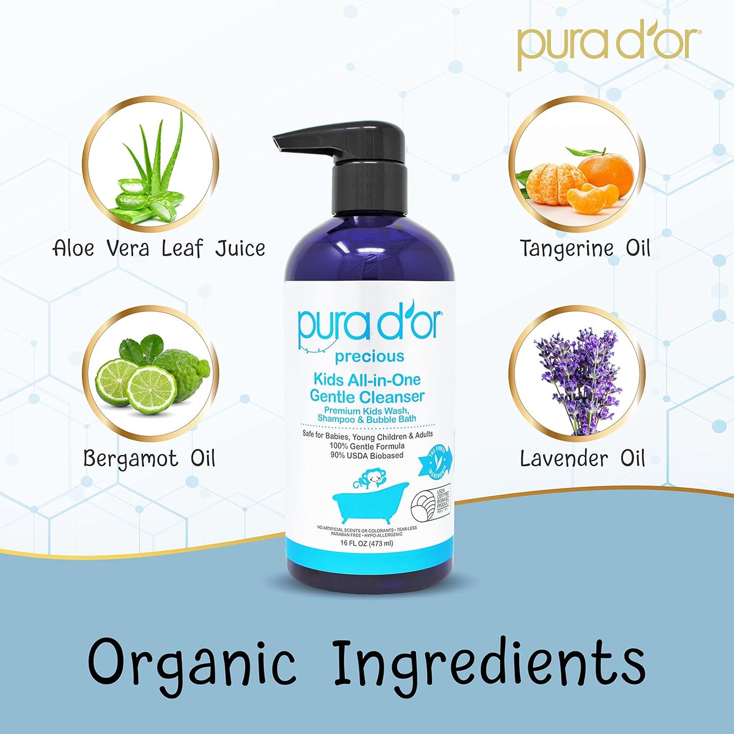 PURA D'OR 16 Oz Kids Wash - All-in-One Gentle Cleanser - USDA Biobased, Sulfate-Free, Tear-Less, Hypoallergenic, Premium, Shampoo & Bubble Bath