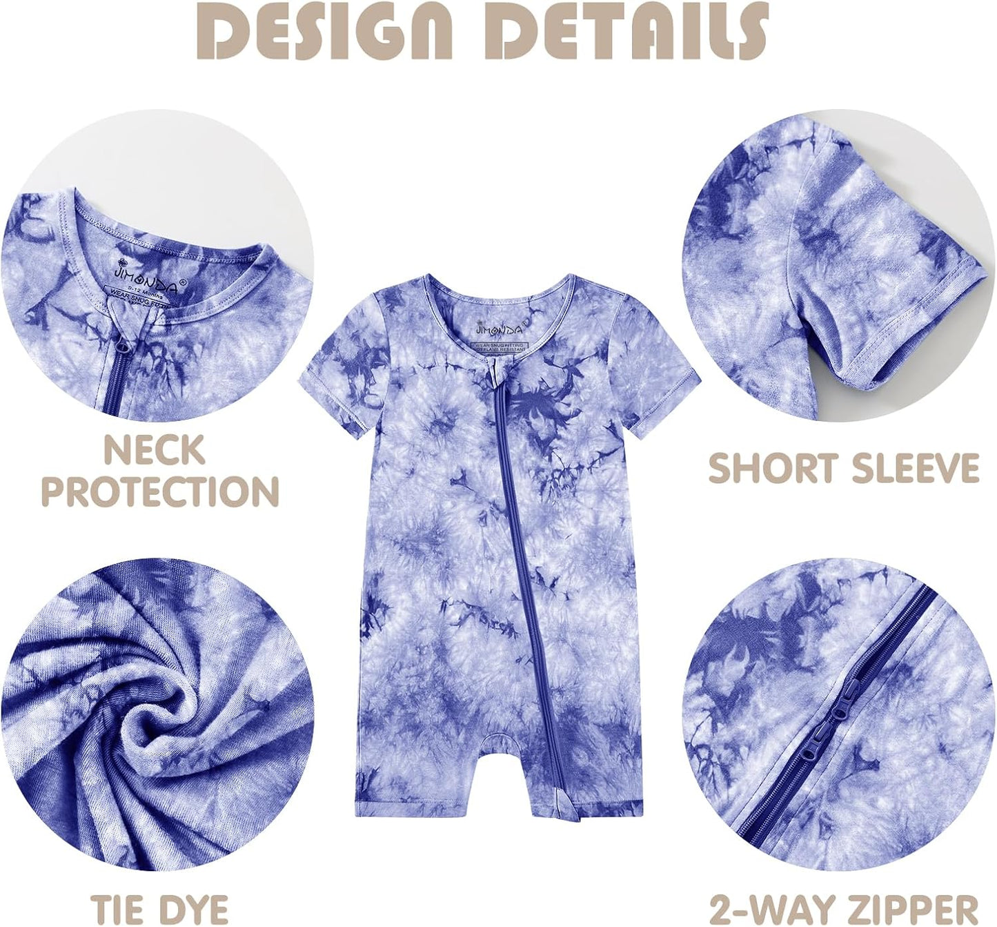 Jimonda Baby Girl Boys Rayon From Bamboo Pajamas 3 Pack Short Sleeve Footless Romper 2 Way Zipper Tie Dye Pjs Sleeper 0-24M