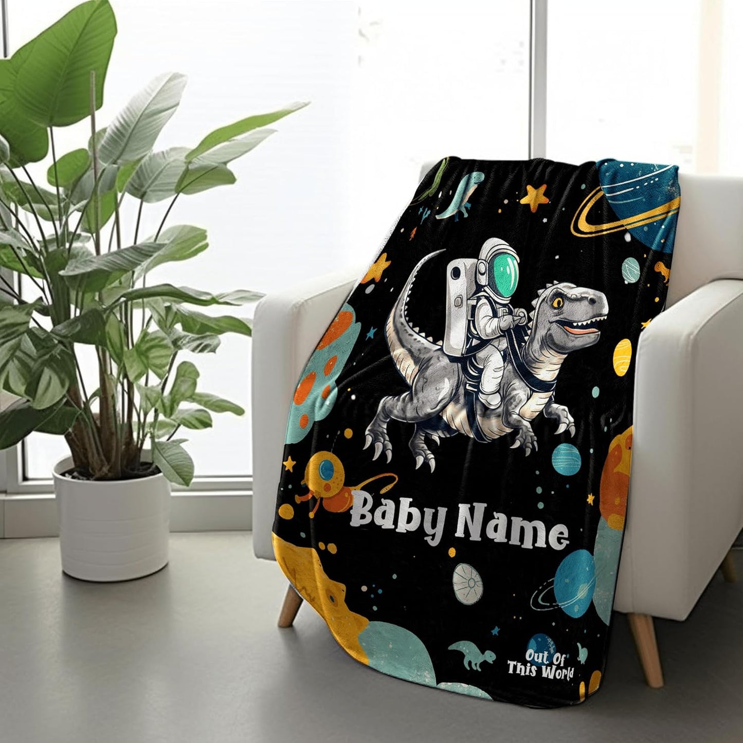 Cute Astronaut Riding Dinosaur Space Baby Blanket, Personalized Custom Baby Throw Blanket with Name for Boys Newborn Son Daughter Grandson Granddaughter Toddler Birthday Bed Blanket