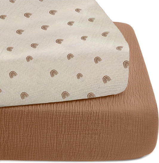 Muslin Crib Sheets 52"x28" - 2 Pack Cotton Fitted Crib Sheets for Boys & Girls - Baby Crib Sheets Neutral Sunset Design, Fits Standard Crib & Toddler Mattress