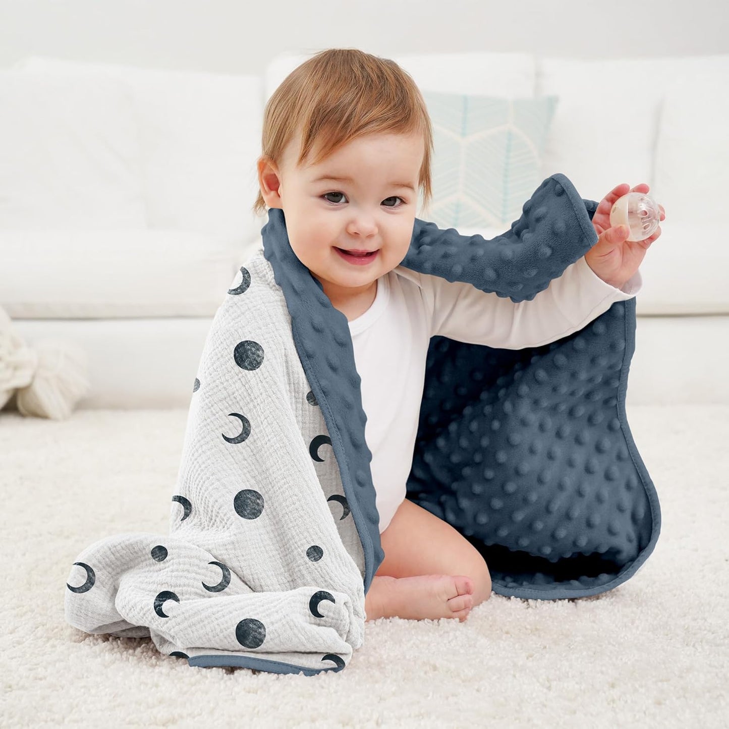 Susurration Baby Blanket for Unisex Boys Girls, Soft Nursery Minky Blanket with Muslin Cotton Front and Dotted Fleece Back, Receiving Blanket for Baby Newborn Infant, 30x40inch (Bluemoon)