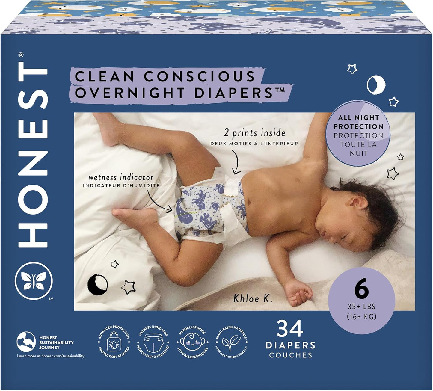 The Honest Company Clean Conscious Overnight Diapers for Sensitive Skin | Hypoallergenic, Fragrance Free | Cozy Cloud + Star Signs | Club Box, Size 6 (35+ lbs), 34 Count