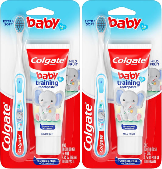 Colgate Baby Training Toothpaste and Toothbrush Kit, Mild Fruit Flavor Set for Ages 3-24 Months (Pack of 2)