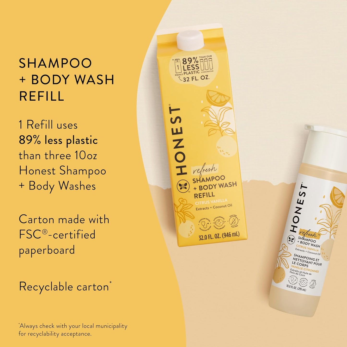 The Honest Company 2-in-1 Cleansing Shampoo + Body Wash Refill Carton | Gentle for Baby | Naturally Derived, Tear-free, Hypoallergenic | Citrus Vanilla Refresh, 32 fl oz