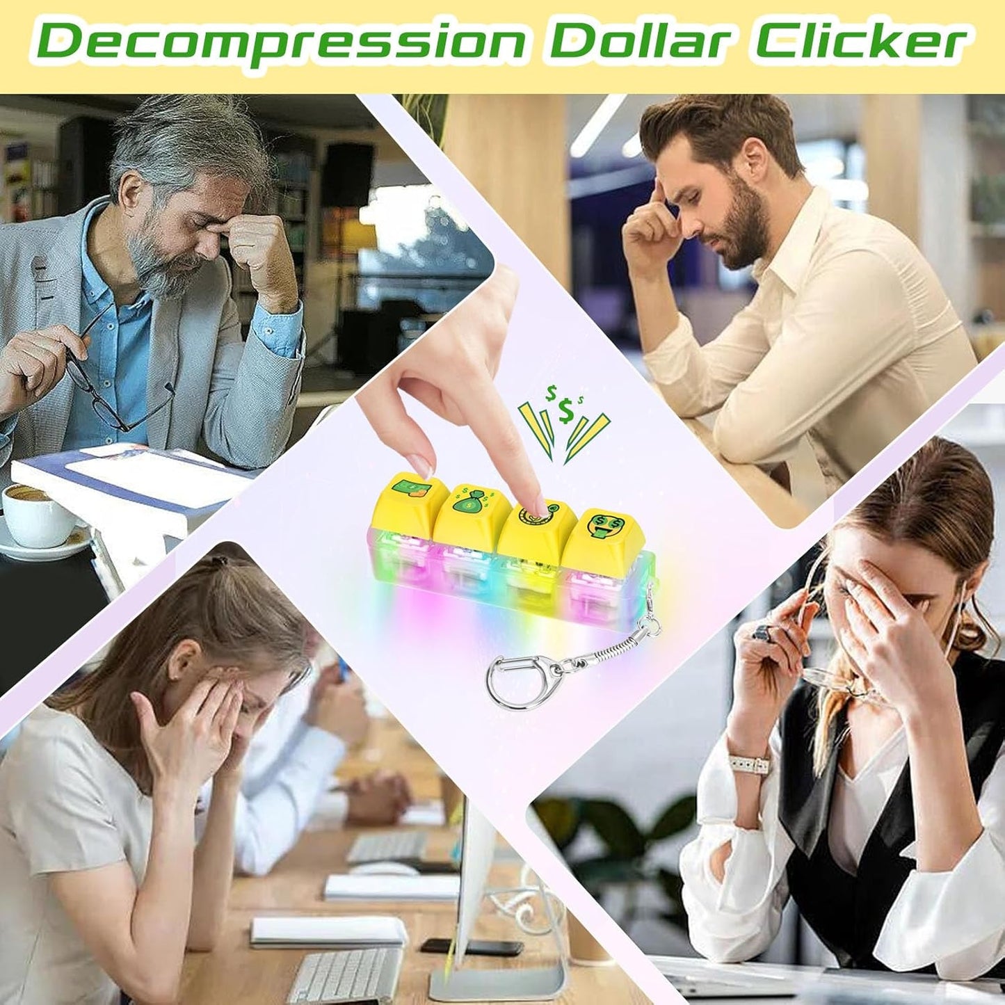 Keyboard Fidget Toys Adults Fidget Keyboard Clicker with LED Light Keychain Sensory Toys for Anxiety Stress Relief (GreenDollar, 4 in 1)