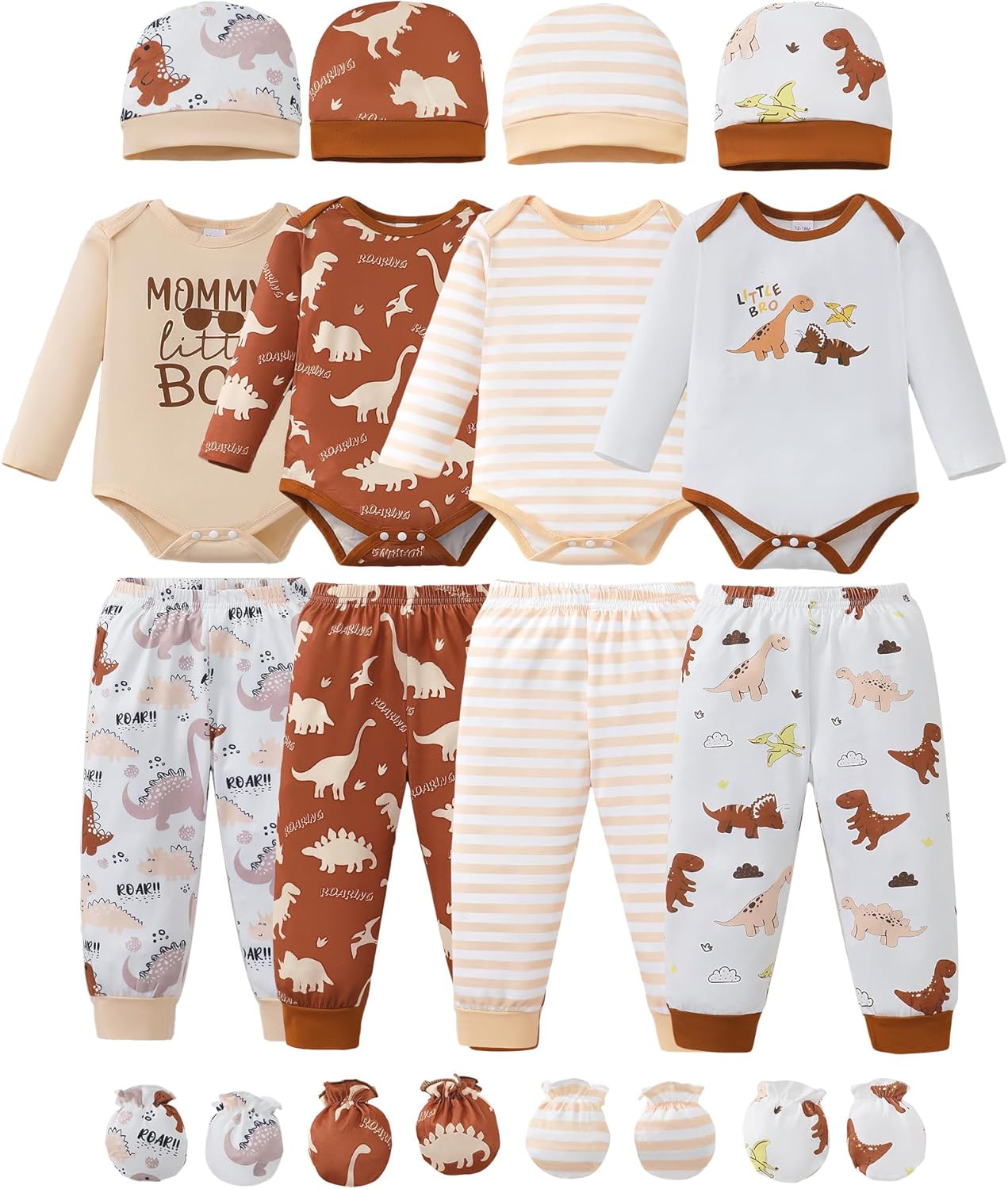 NZRVAWS Newborn Baby Boy Girl Clothes Unisex Infant Romper Pants Set Hat 4-Pack Outfits 0-12 Months 16 Pieces Toddler