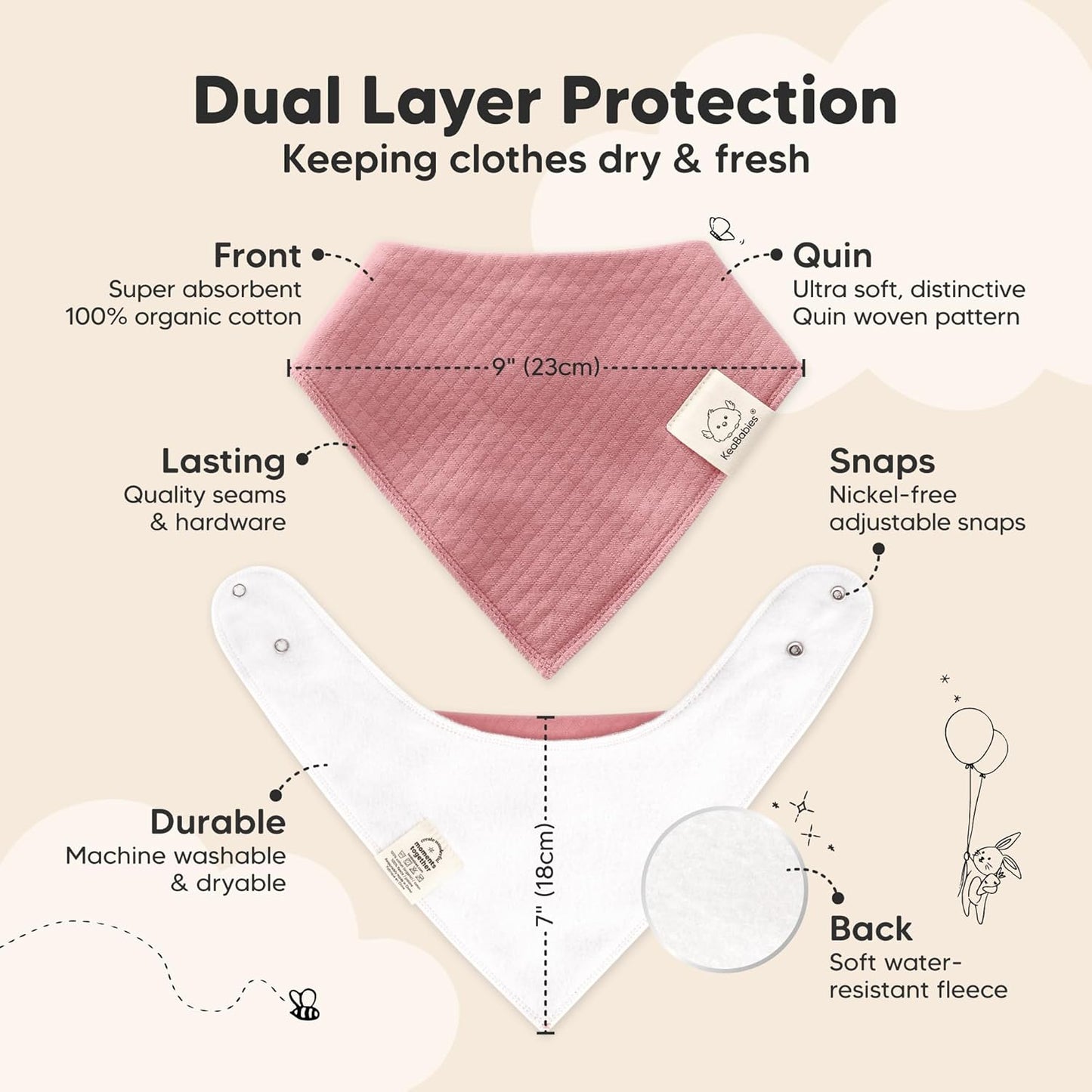 KeaBabies 8-Pack Bandana Bibs for Baby Girls, Boys - Organic Cotton Baby Bibs for Drooling & Teething Newborn, Toddler, Infant 0-36 Months, Extra Soft, Absorbent Cloth with Snaps (Rosewood)