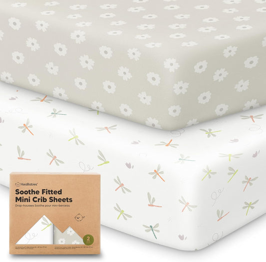 2-Pack Mini Crib Sheets Fitted - 38x26 Pack N Play Sheets for Pack and Play Mattress, Organic Cotton, Soft & Breathable Playard Bedding, Neutral Mini Toddler Bed Cover for Boys, Girls (Meadow)