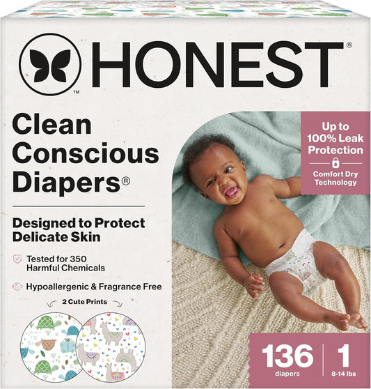 The Honest Company Clean Conscious Diapers for Delicate Skin | Up to 100% Leakproof | Hypoallergenic, Fragrance Free | Gender Neutral | Super Club Box, Size 1 (8-14 lbs), 136 Count (Prints May Vary)